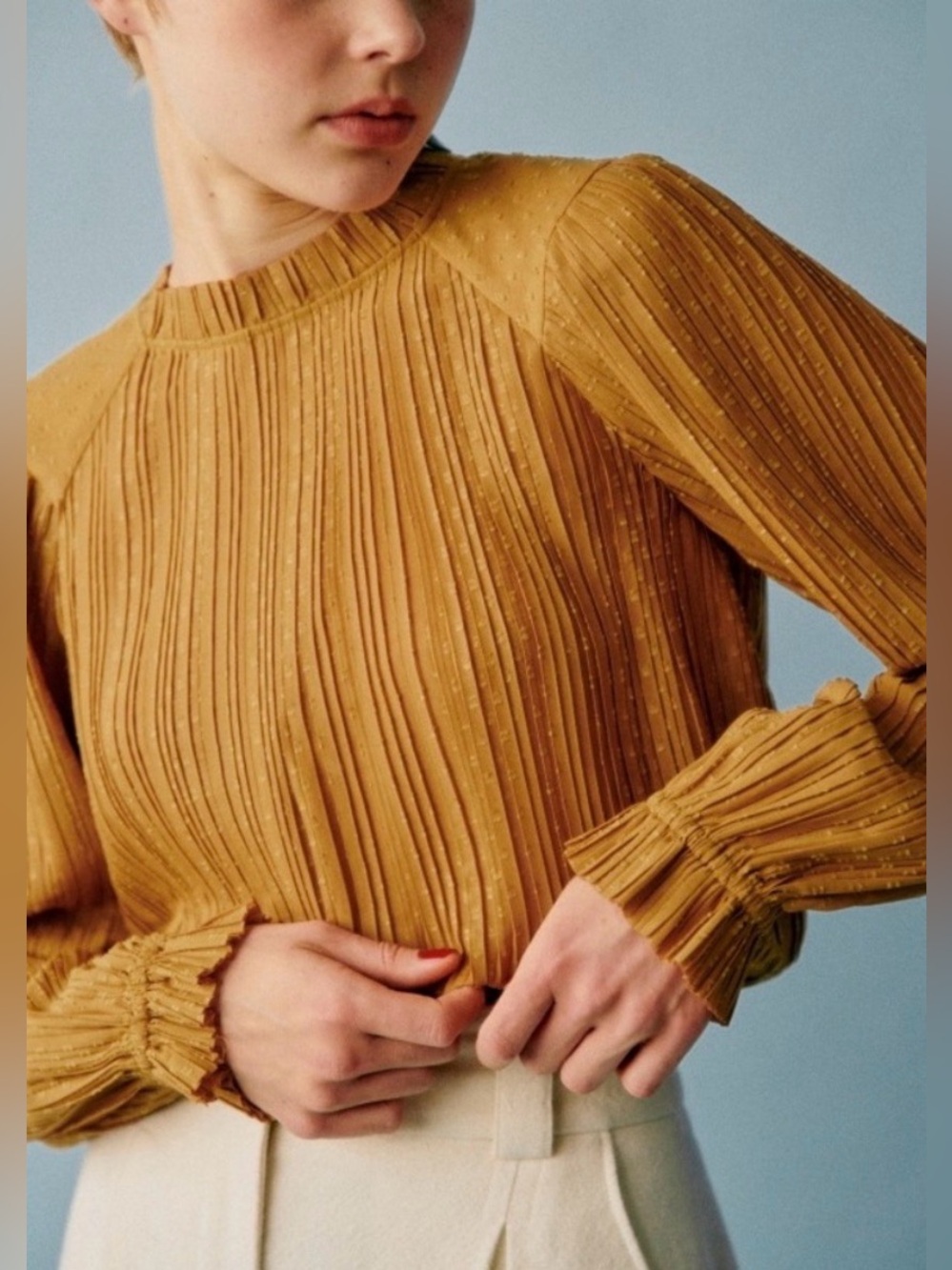 Sezane Sibie Gold Yellow Pleated Textured Long Sleeve Blouse - Women’s 38 (US 6)
